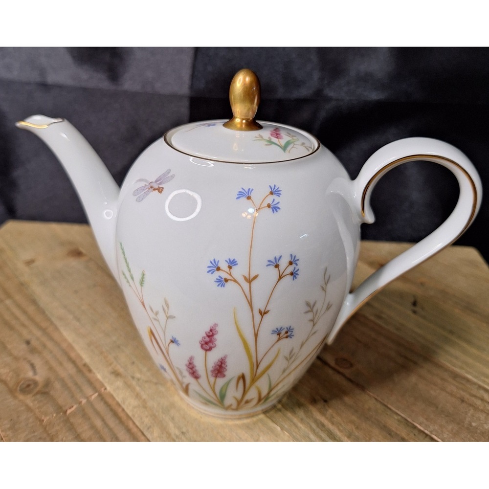 Eschenbach Bavaria Germany Wildflower Dragonfly Porcelain Teapot Gold Trim 105